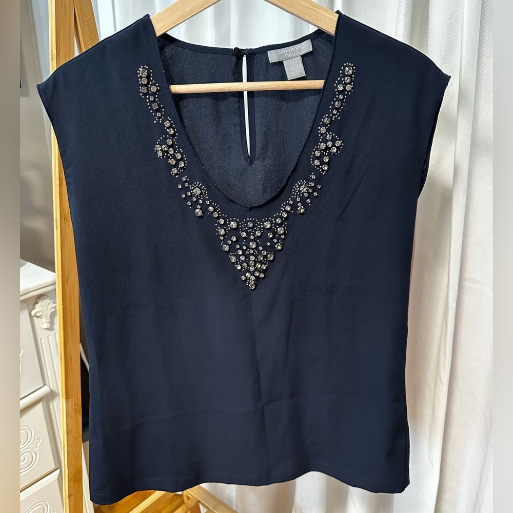 Saint Tropez West Navy Rhinestone Embellished V-Neck Top - Size S